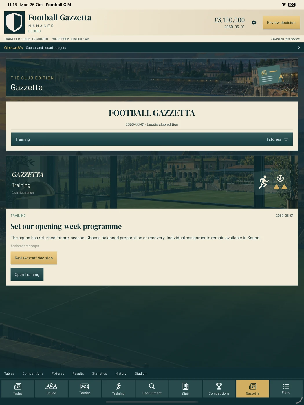 The Gazzetta newspaper screen showing an illustrated club training story