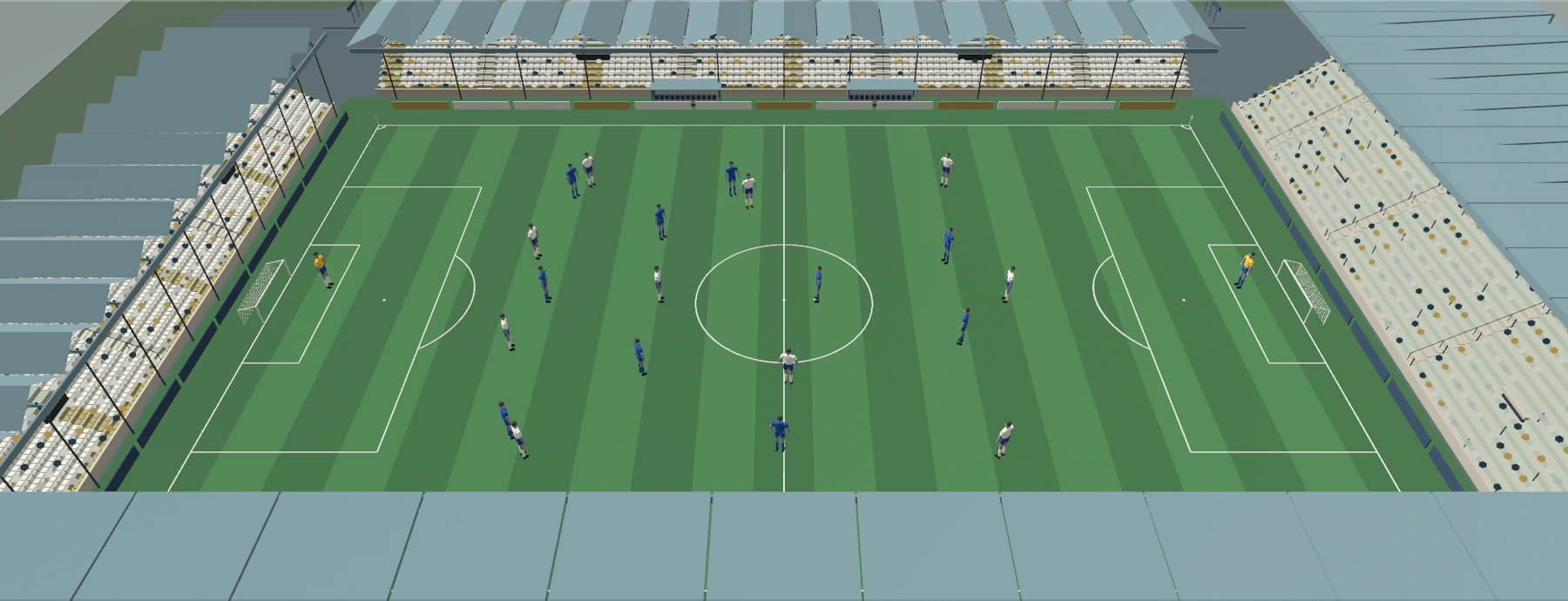 FGM Engine V1.0 match with white and blue kits, oversized players and coloured crowd dots in the stands