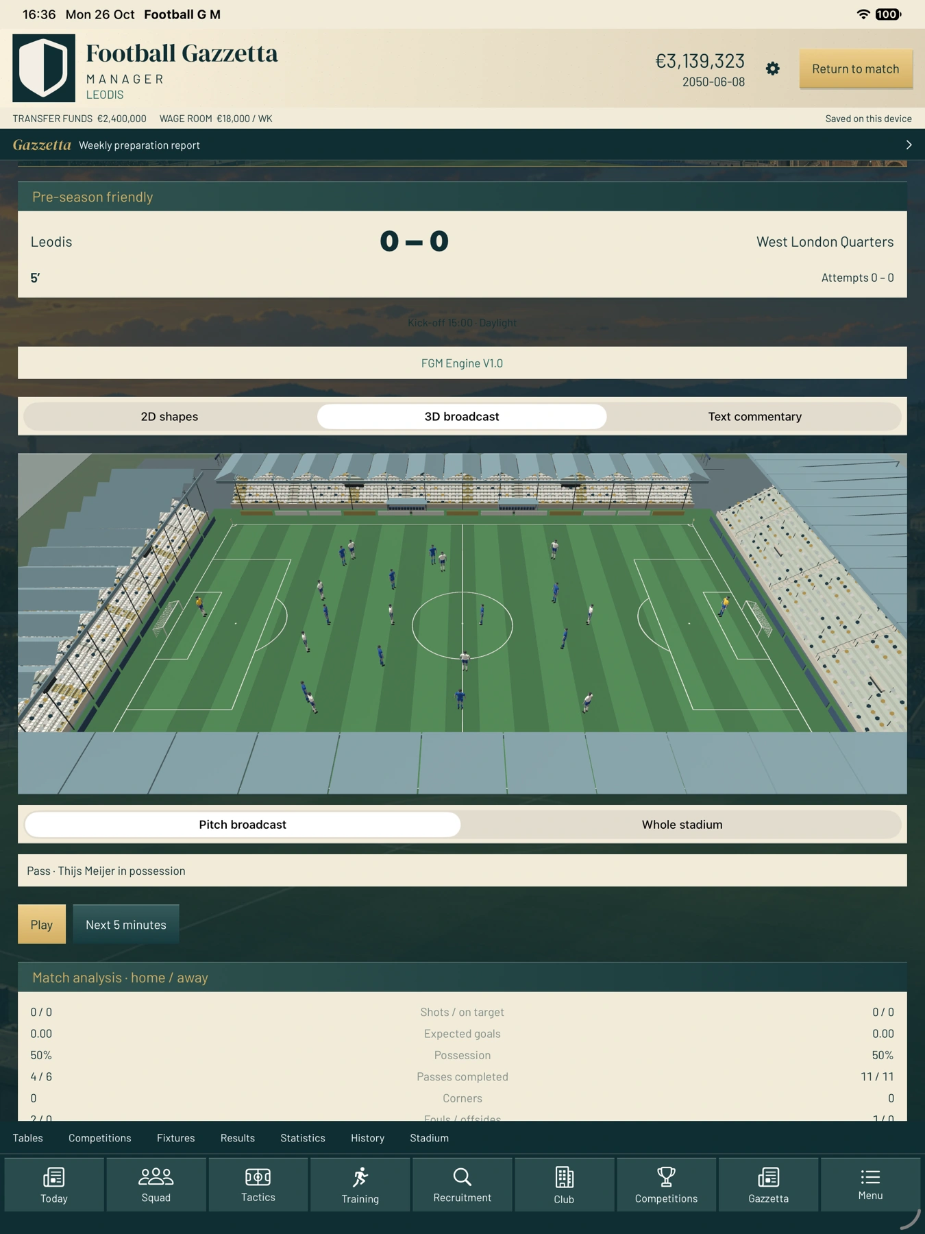 Actual development build showing FGM Engine V1.0 in the 3D match view