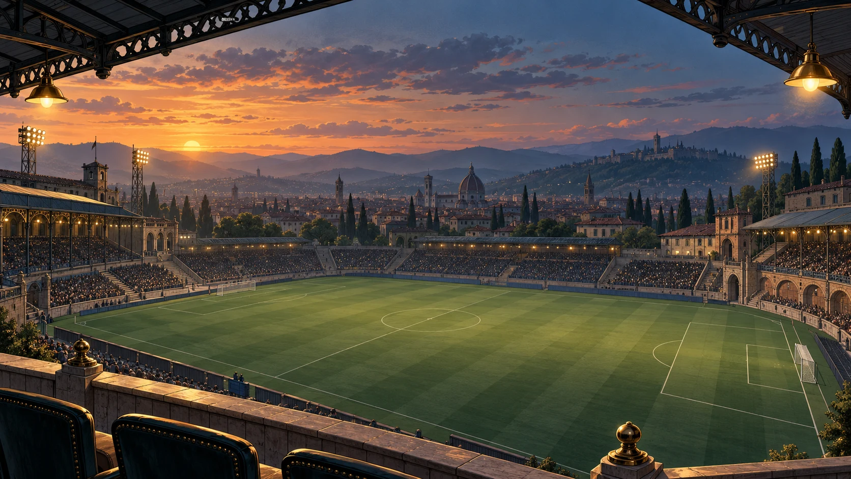 Illustrated European football ground under evening floodlights