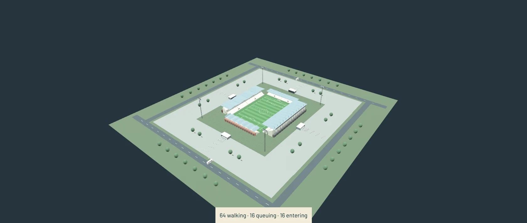 Development app stadium surrounded by parkland, roads and arriving supporters