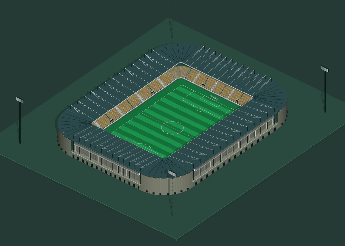 Original stadium design with upper tiers and connected corners