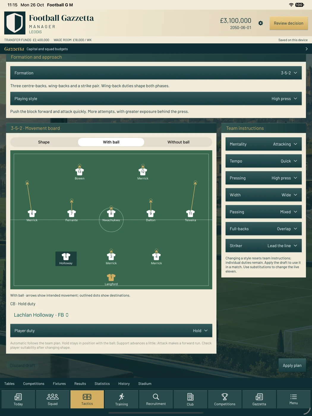 Tactics interface in the development app with formation and movement arrows